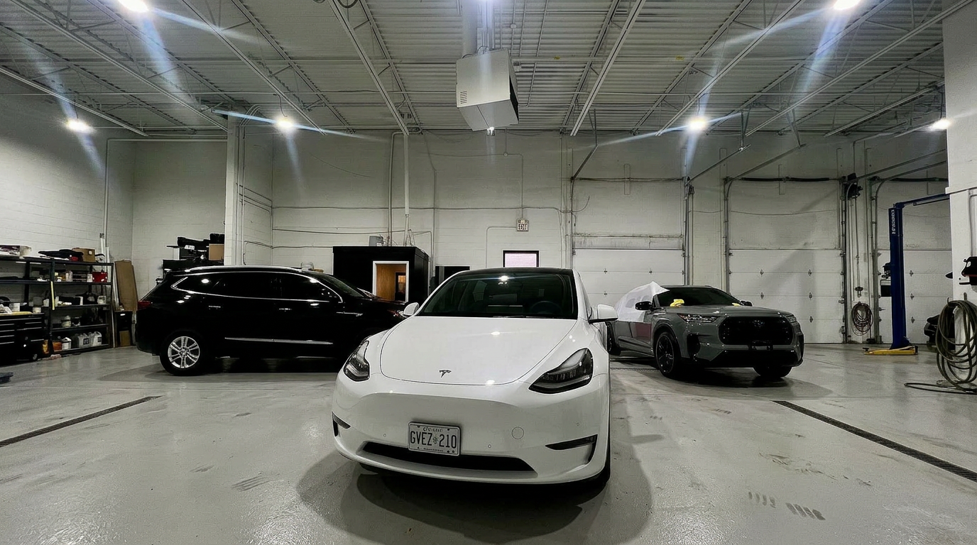 A pristine white Tesla Model 3 is parked centrally in a professional detailing garage, showcasing a high-gloss finish under bright overhead studio lighting. The clean, minimalist setting emphasizes the vehicle's polished exterior, highlighting the quality of the detailing work.